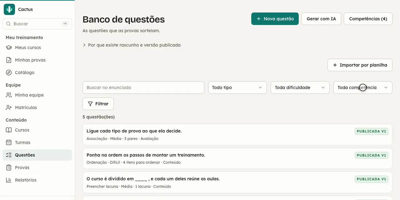O banco de questões, organizado por competência, com as questões publicadas de onde as provas sorteiam.