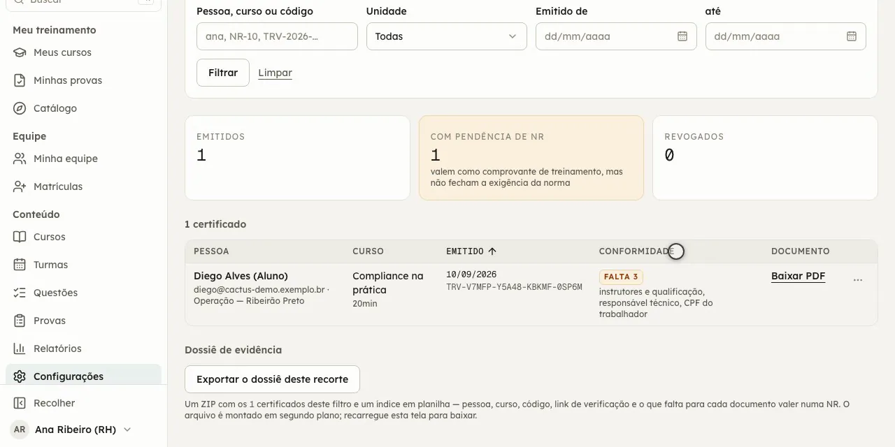 A tela de certificados do RH: emitidos, com pendência de NR e revogados, e para cada documento o que ainda falta para valer numa fiscalização.