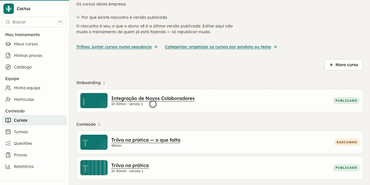 A lista de cursos do RH, organizada por categoria, com o estado de cada um: publicado ou rascunho.