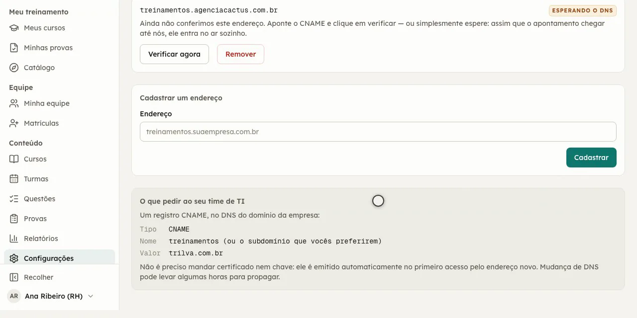 A tela de endereço próprio: o subdomínio da empresa cadastrado e as instruções de CNAME prontas para o time de TI.