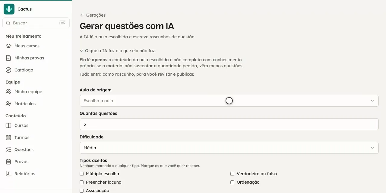 A tela de gerar questões com IA: a aula de origem, a quantidade, a dificuldade e os tipos aceitos.