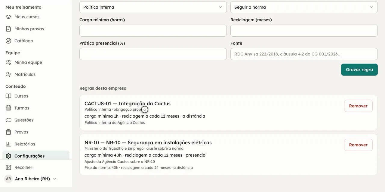 As regras de compliance da empresa: carga mínima, reciclagem, prática presencial e a norma vinculada a cada curso.