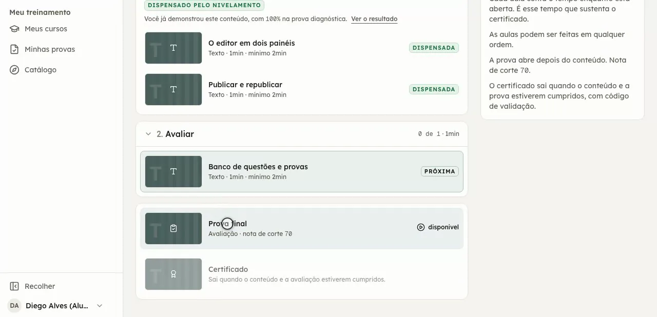 O programa de um curso visto pelo aluno: módulos dispensados pelo nivelamento, a prova e o certificado como etapas finais.