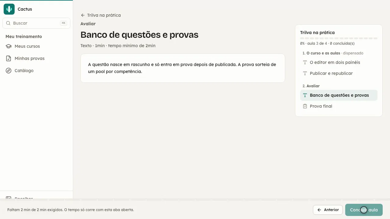 Uma aula aberta. No rodapé, o aviso «Faltam 2 min de 2 min exigidos. O tempo só corre com esta aba aberta» e o botão Concluir aula travado.