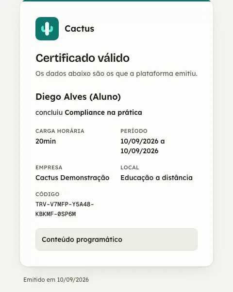 A página pública de verificação de um certificado: «Certificado válido», nome, curso, carga horária, período, empresa e local, com o código.